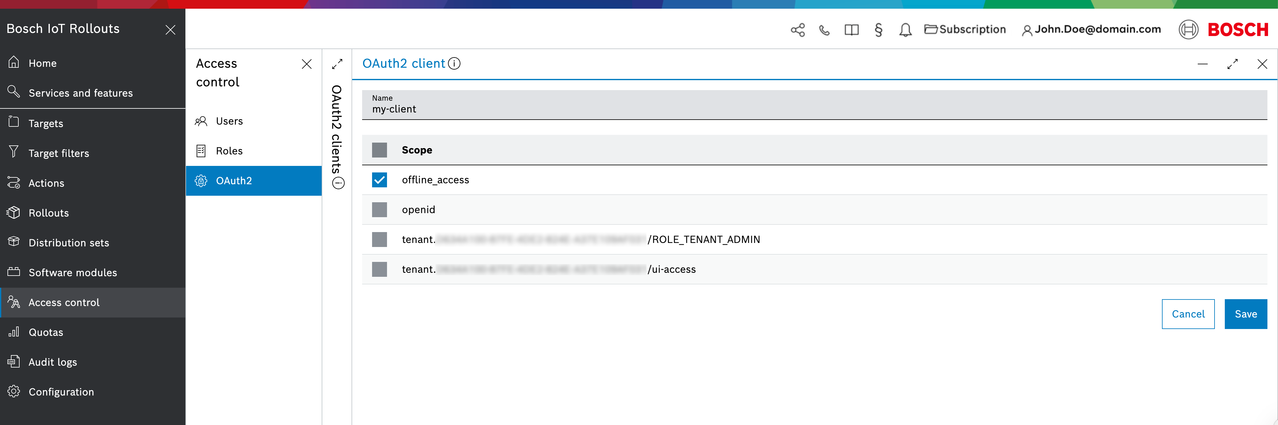 OAuth2 client creation view with name and scopes