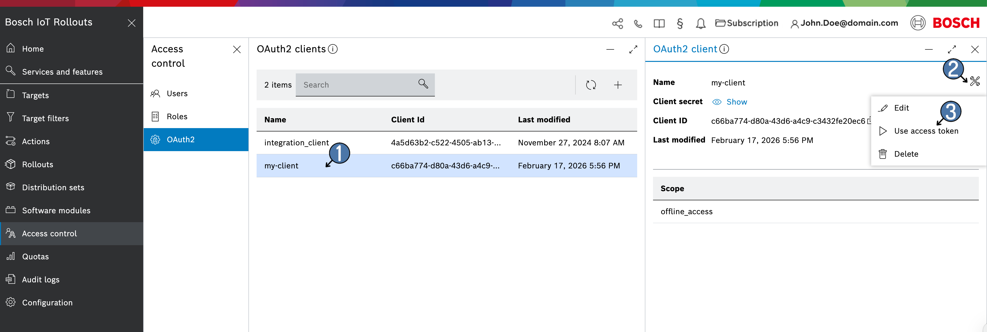 OAuth2 client actions menu with the Use access token option