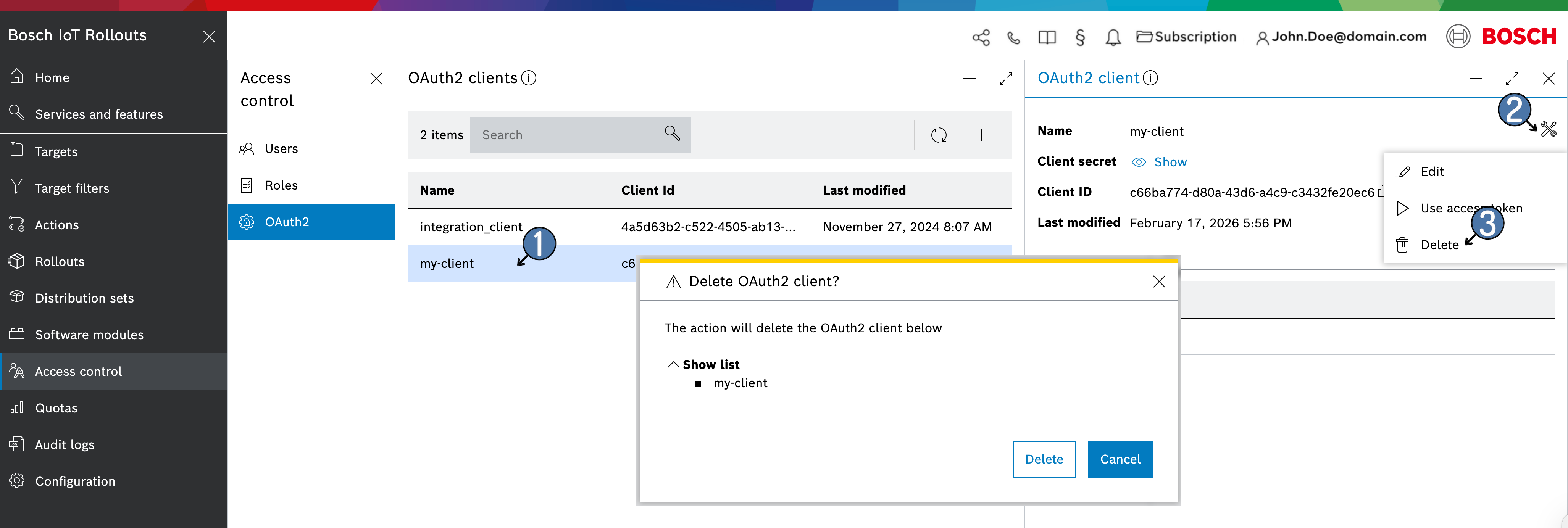 Delete OAuth2 client confirmation dialog