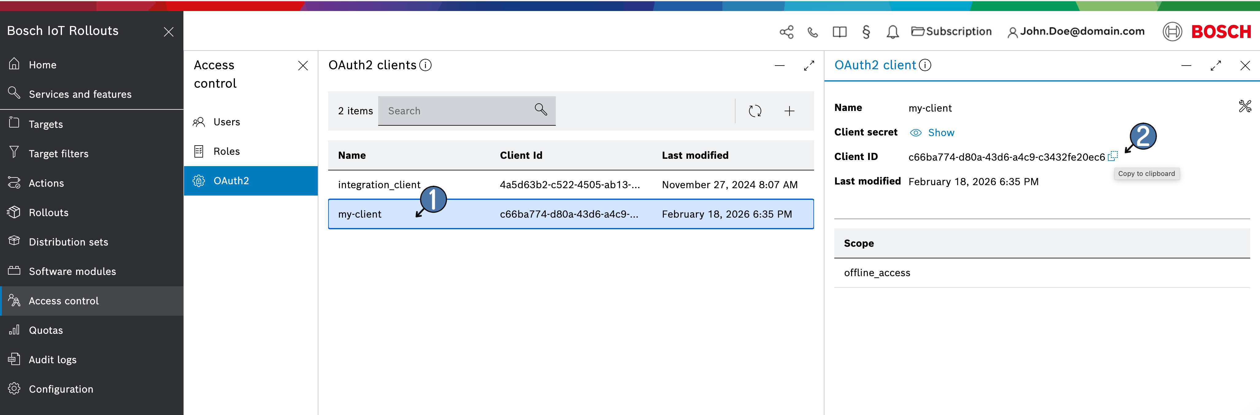 OAuth2 client details with the Copy to clipboard icon next to the client ID