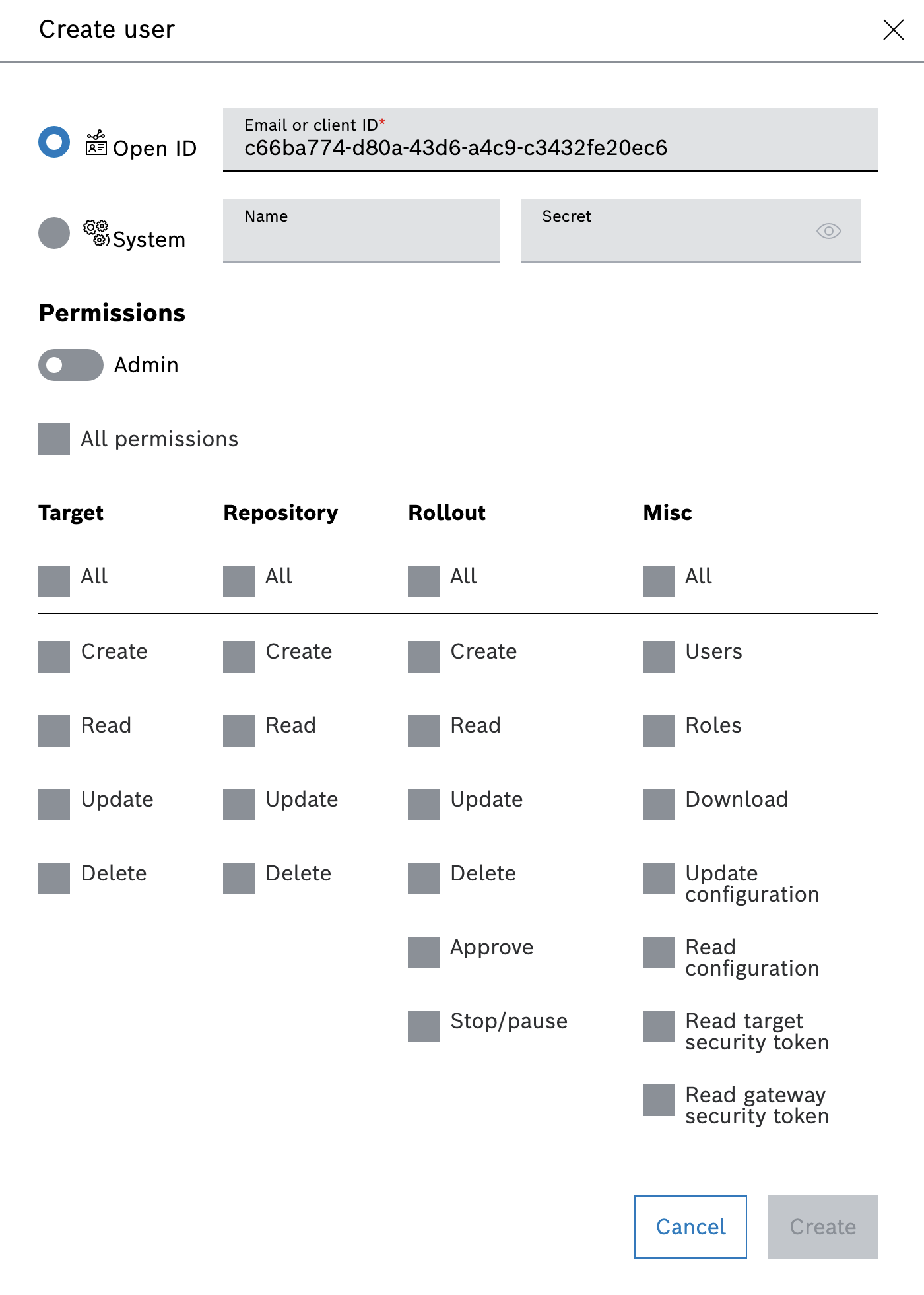 Create user dialog with the Open ID type and the client ID as email or client ID