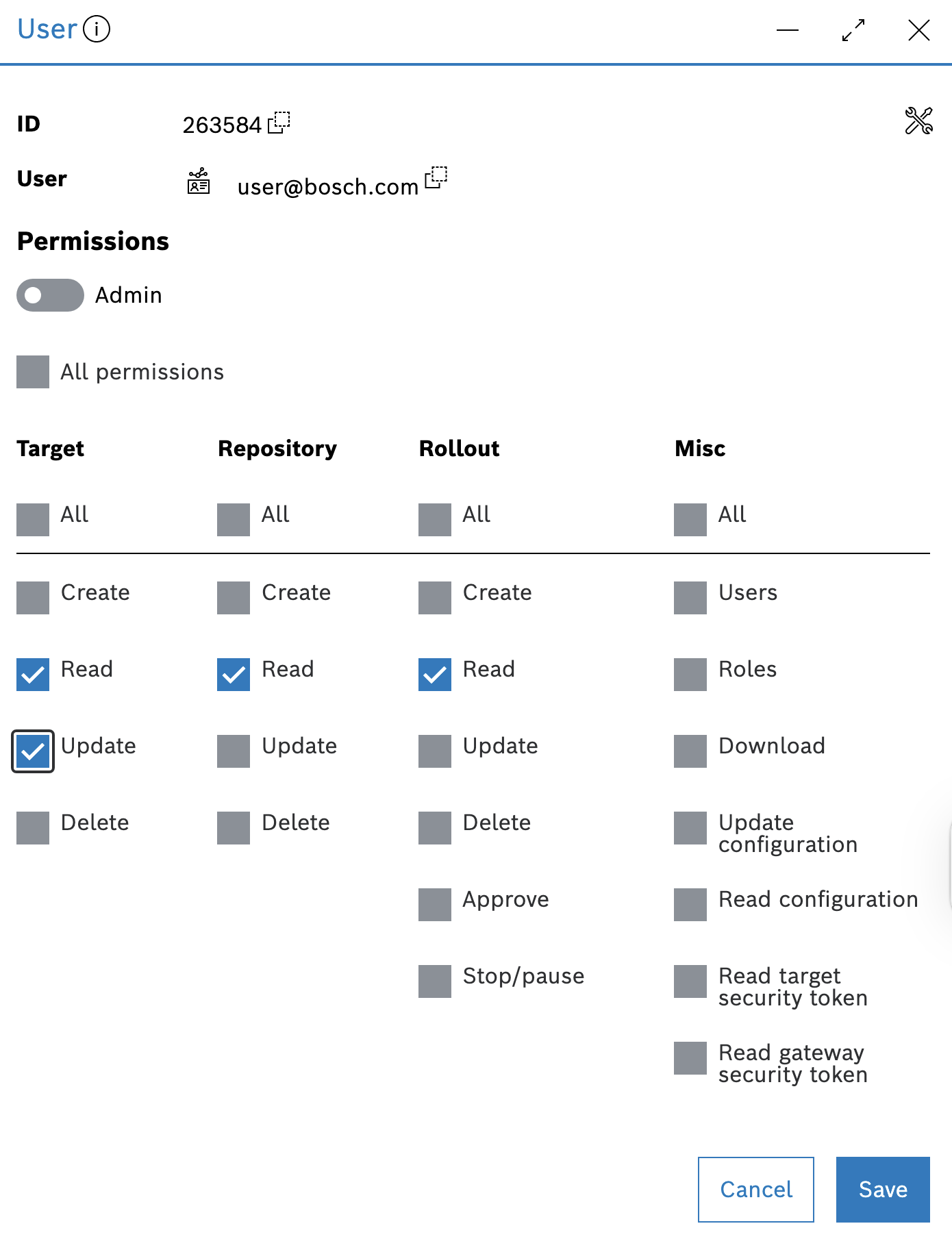 User permissions in edit mode with the Save button