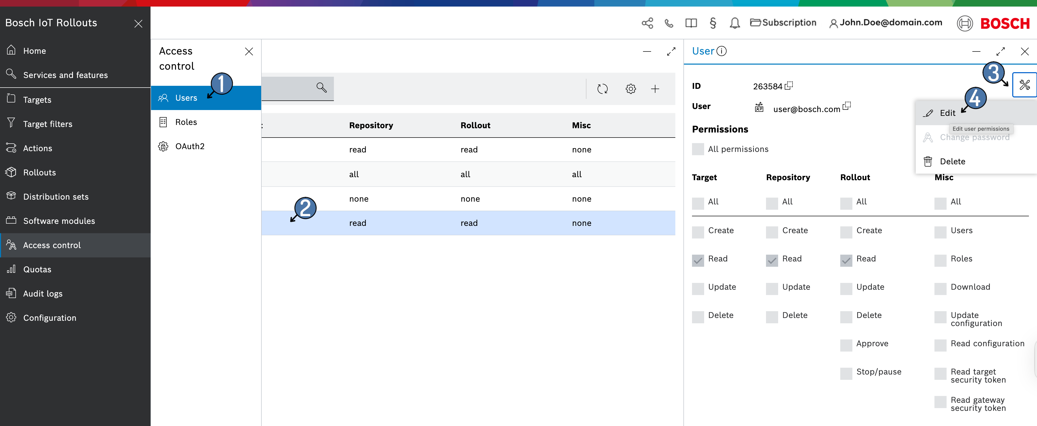 Users list with the user actions menu and the Edit option