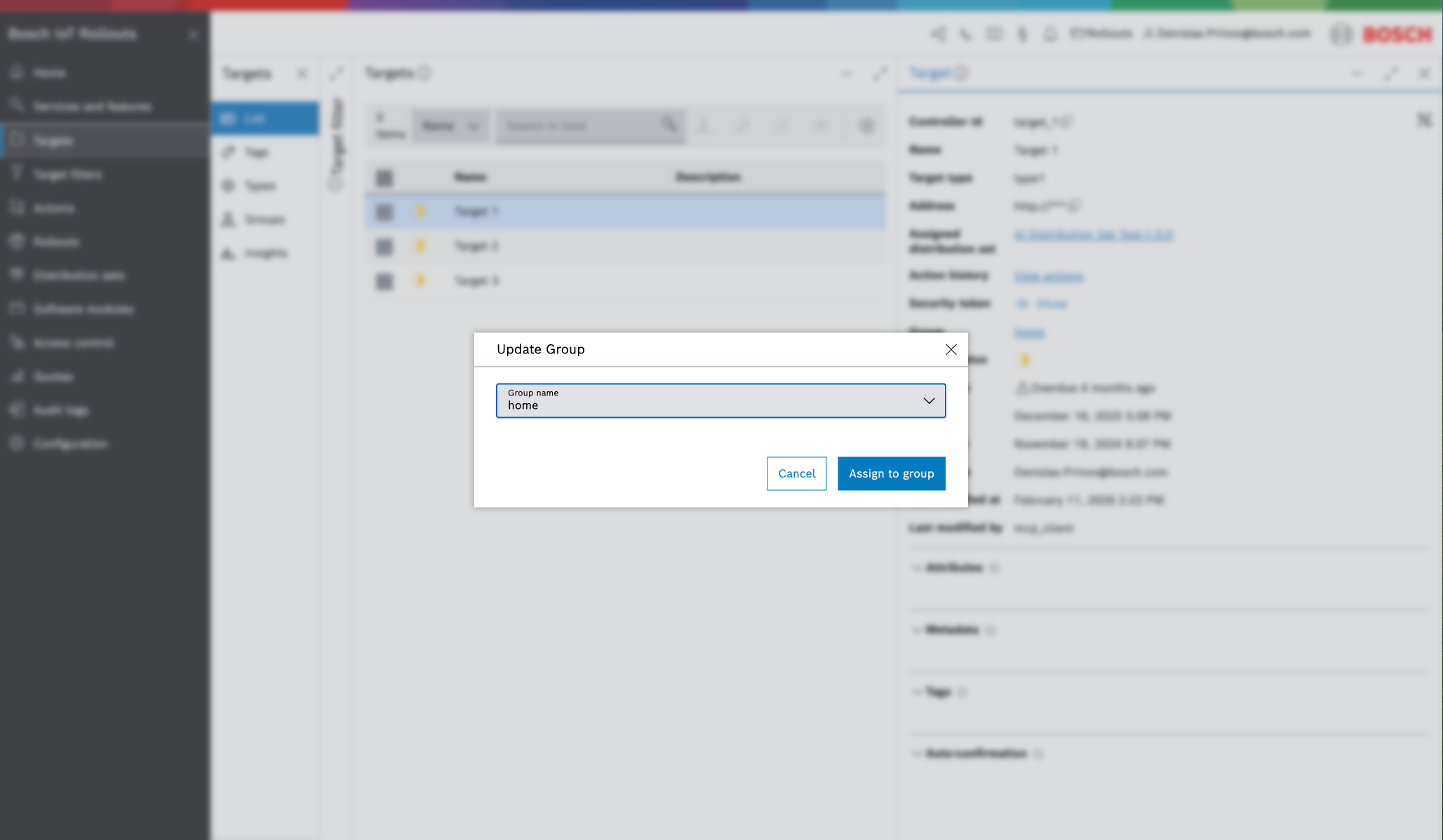 Update Group dialog with the group name dropdown