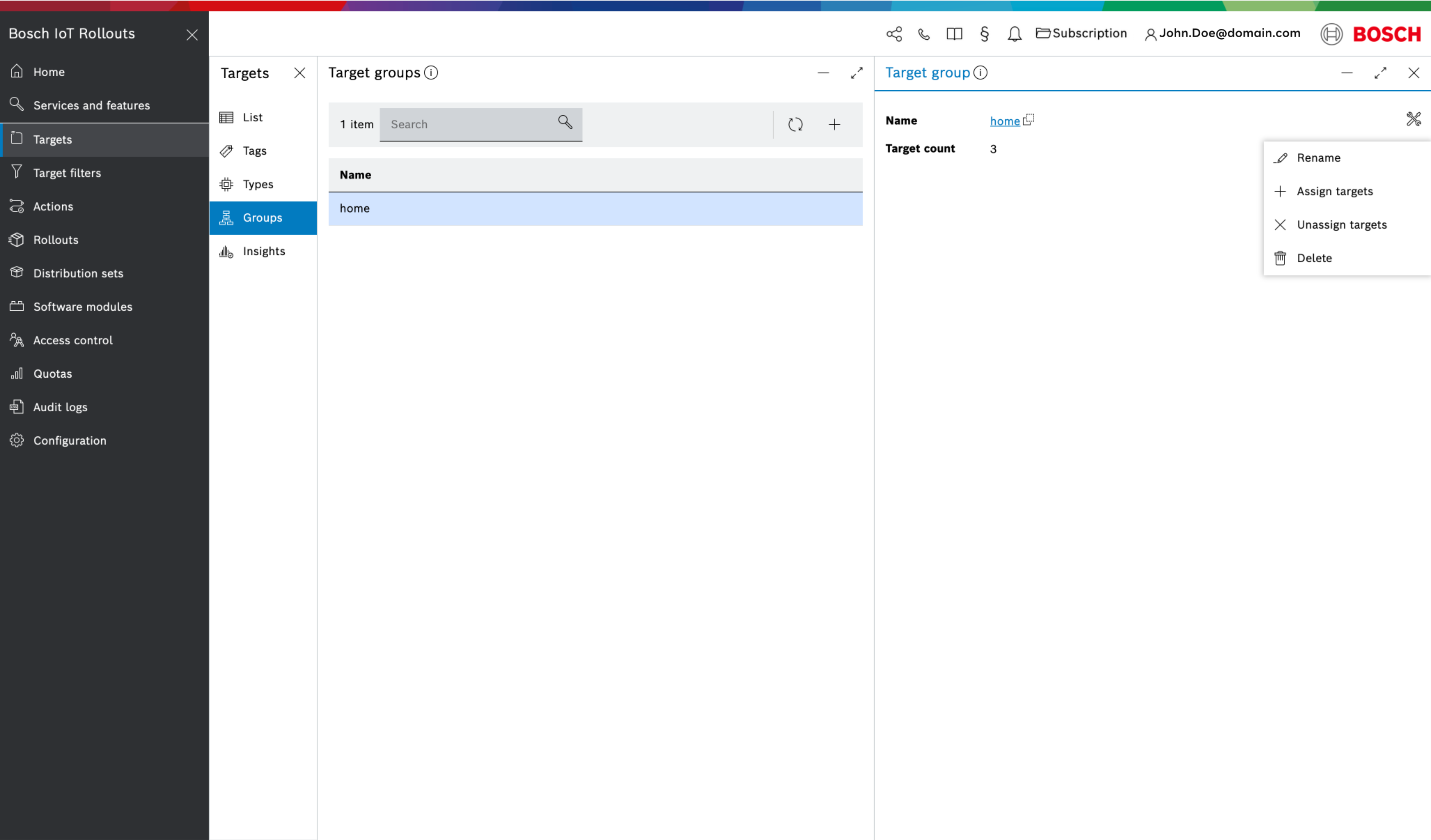 Target group details blade with its actions menu